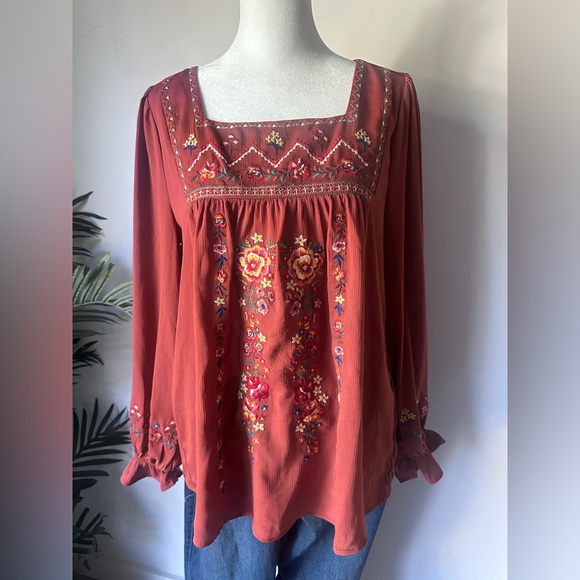 Savanna Jane Women’s Terracotta Embroidered Babydoll Rust Blouse S - Picture 2 of 10